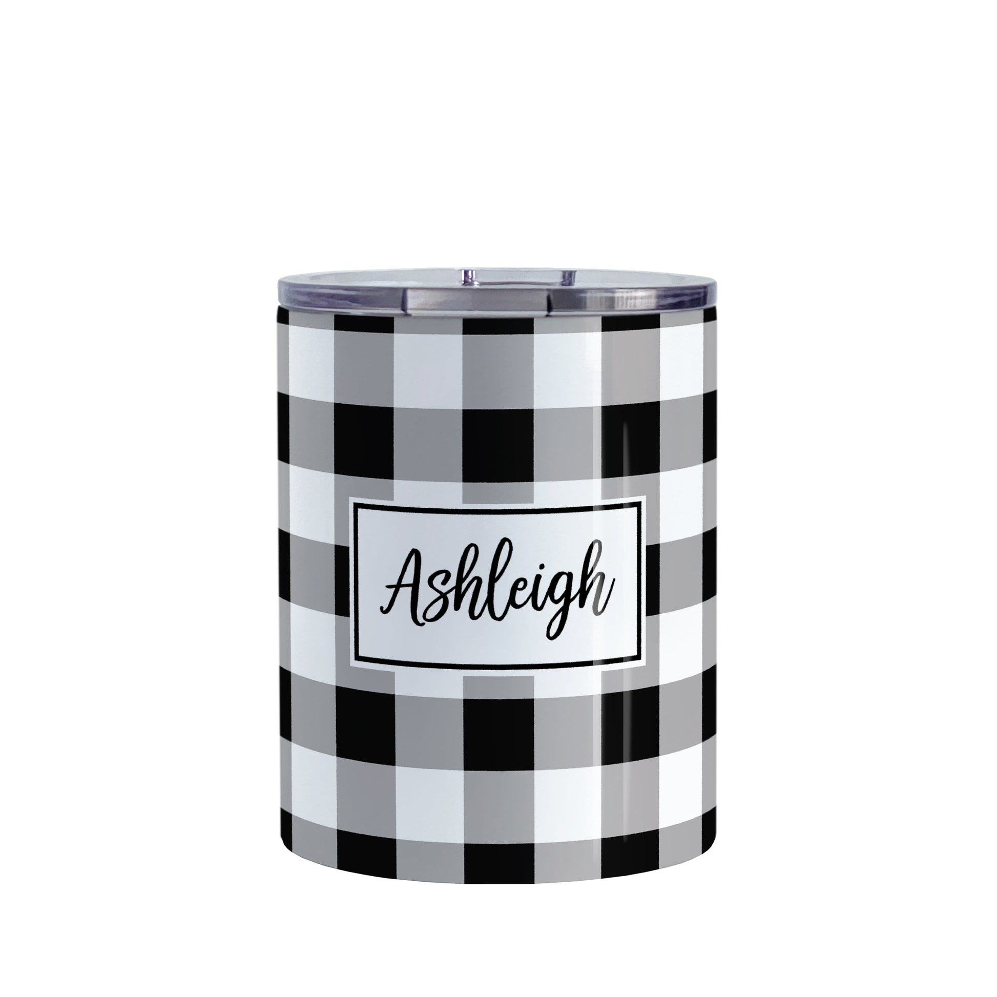 Personalized Black and White Buffalo Plaid Tumbler Cup (10oz, stainless steel insulated) at Amy's Coffee Mugs