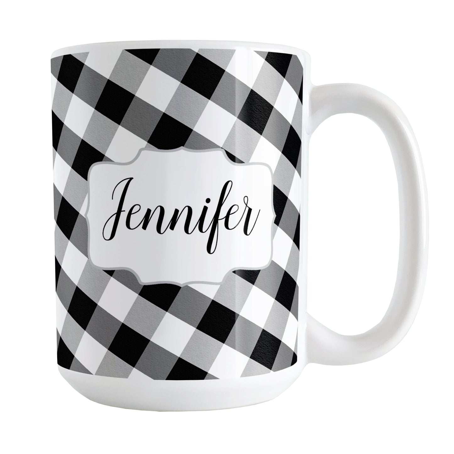 Personalized Black and White Gingham Mug (15oz) at Amy's Coffee Mugs