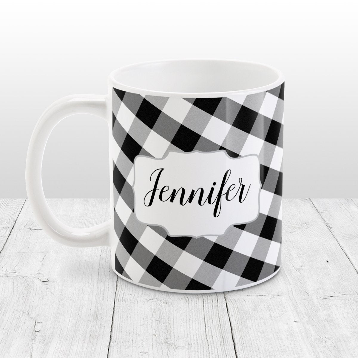 Personalized Black and White Gingham Mug (11oz) at Amy's Coffee Mugs