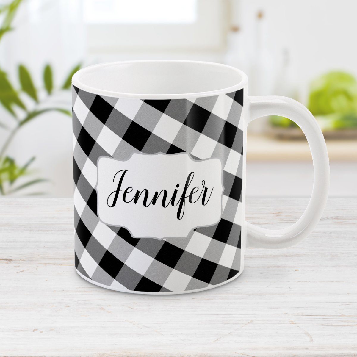 Personalized Black and White Gingham Mug (11oz) at Amy's Coffee Mugs