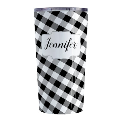 Personalized Black and White Gingham Tumbler Cup (20oz, stainless steel insulated) at Amy's Coffee Mugs