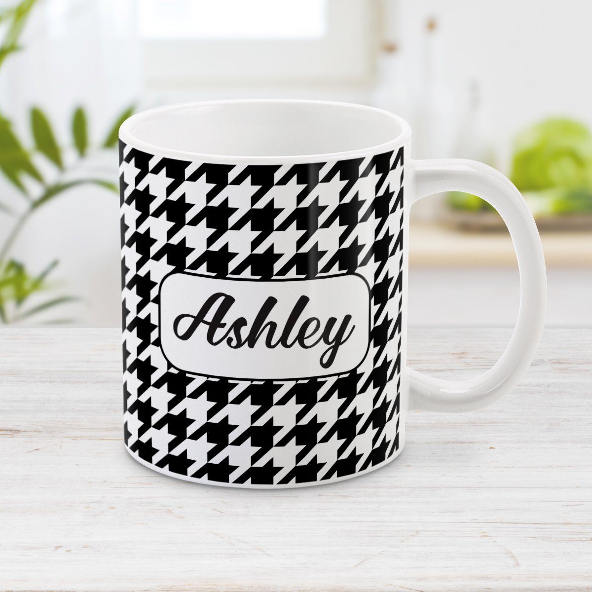 Personalized Black and White Houndstooth Mug at Amy's Coffee Mugs