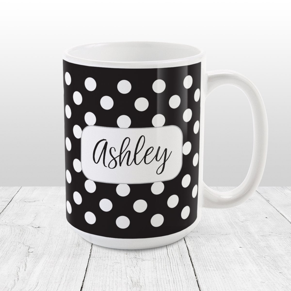 Personalized Black Polka Dot Mug at Amy's Coffee Mugs