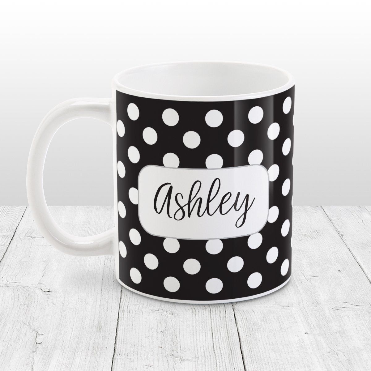 Personalized Black Polka Dot Mug at Amy's Coffee Mugs