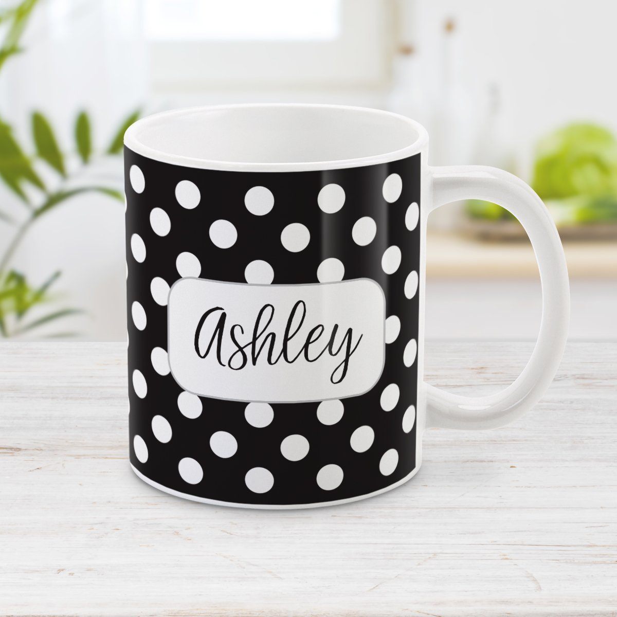 Personalized Black Polka Dot Mug at Amy's Coffee Mugs