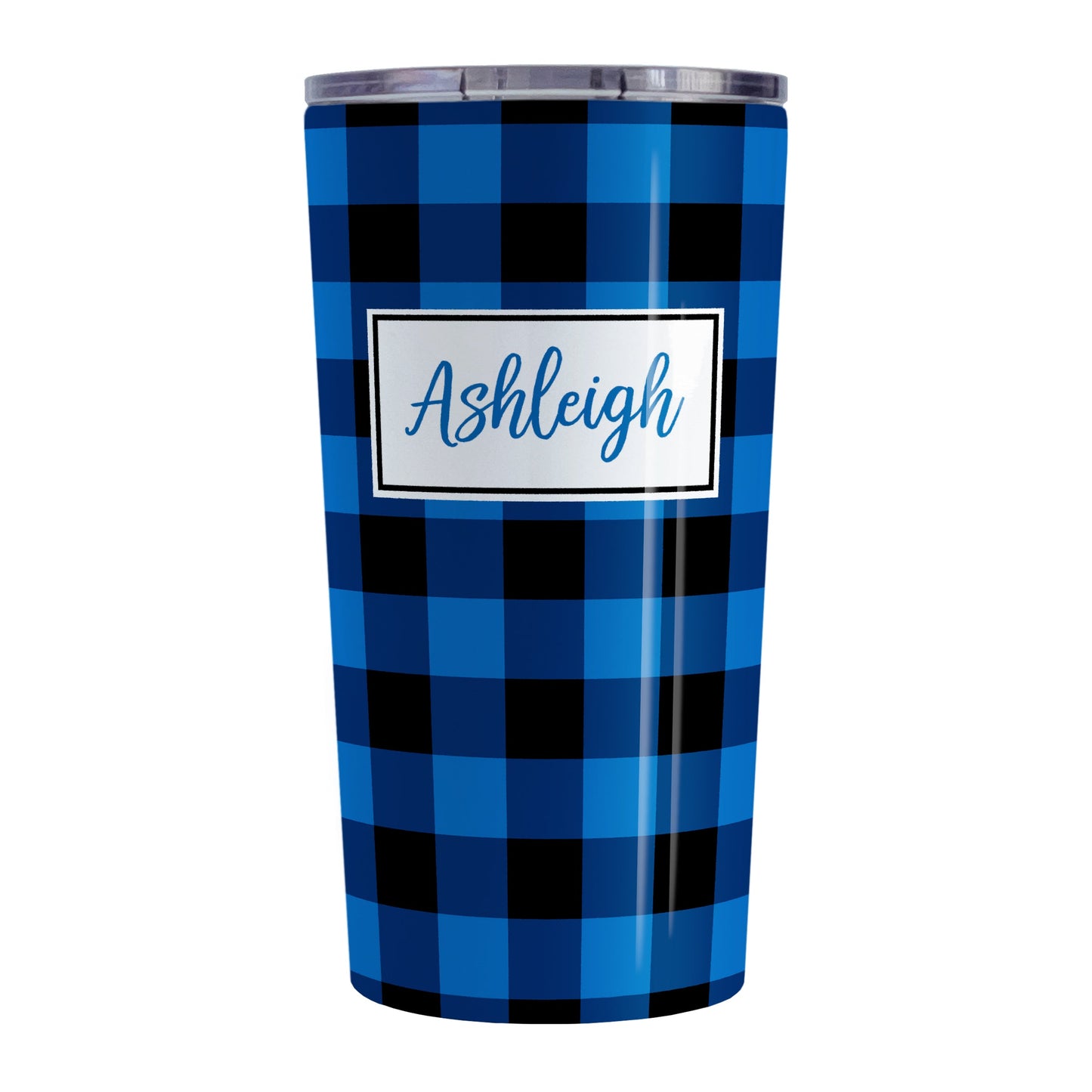 Personalized Blue and Black Buffalo Plaid Tumbler Cup (20oz, stainless steel insulated) at Amy's Coffee Mugs