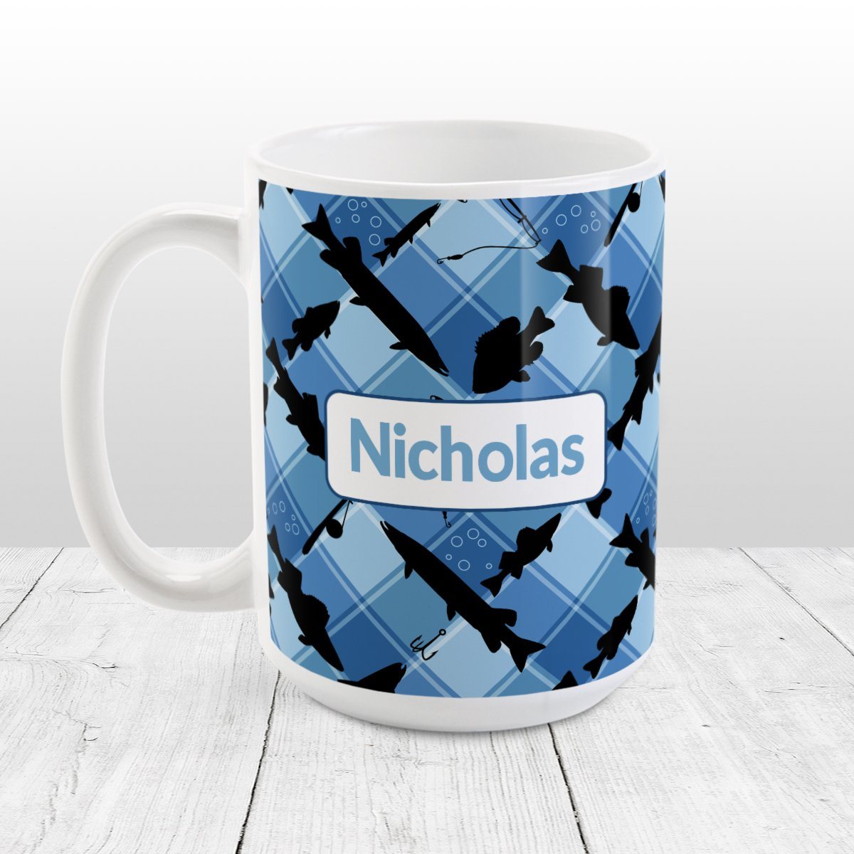 Personalized Blue Fishing Plaid Pattern Mug (15oz) at Amy's Coffee Mugs