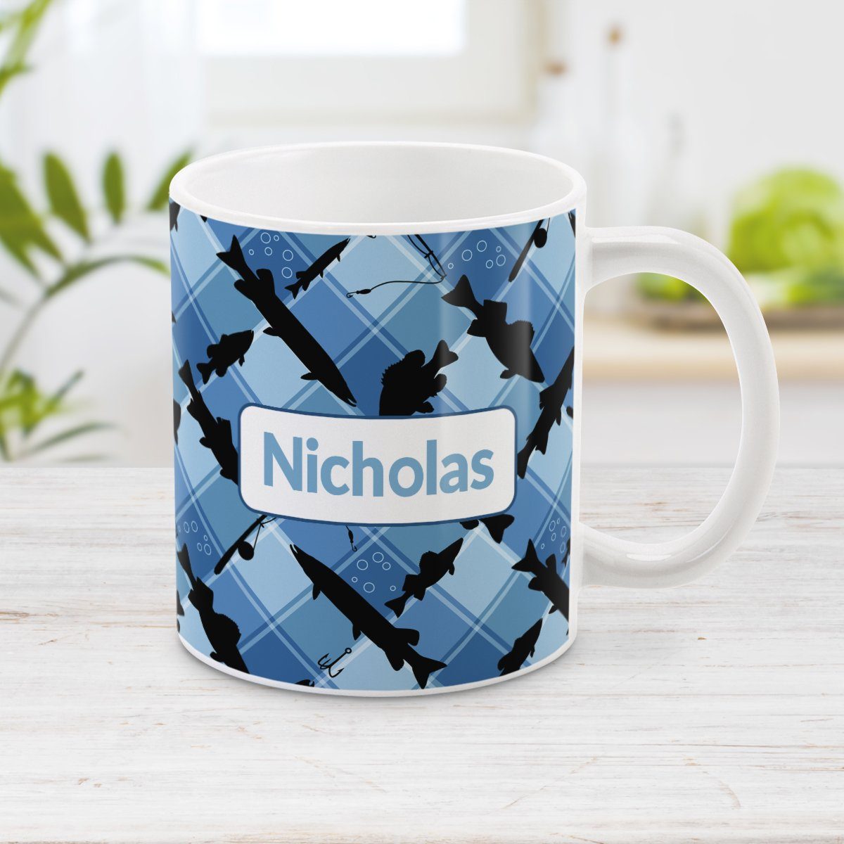 Personalized Blue Fishing Plaid Pattern Mug (11oz) at Amy's Coffee Mugs