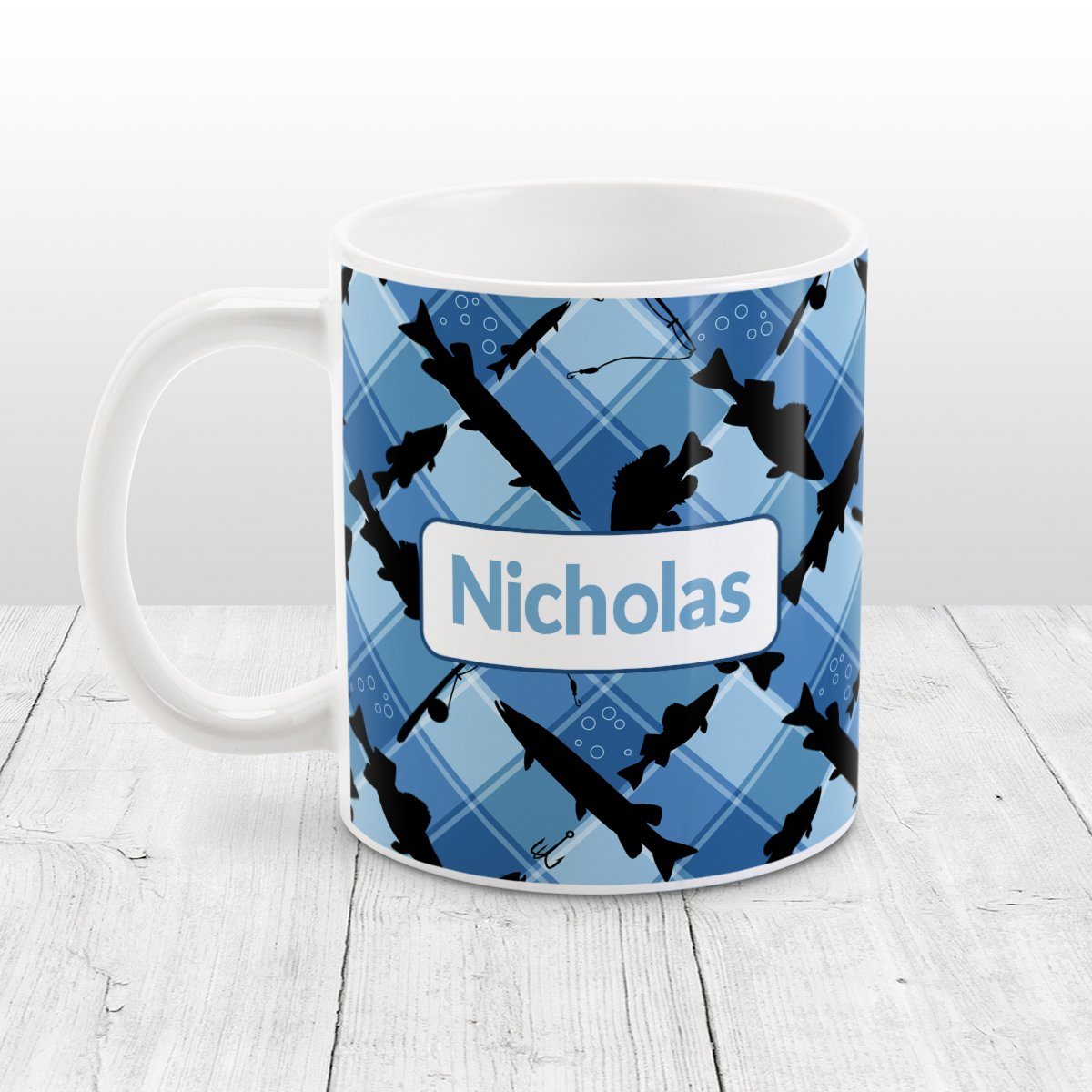 Personalized Blue Fishing Plaid Pattern Mug (11oz) at Amy's Coffee Mugs