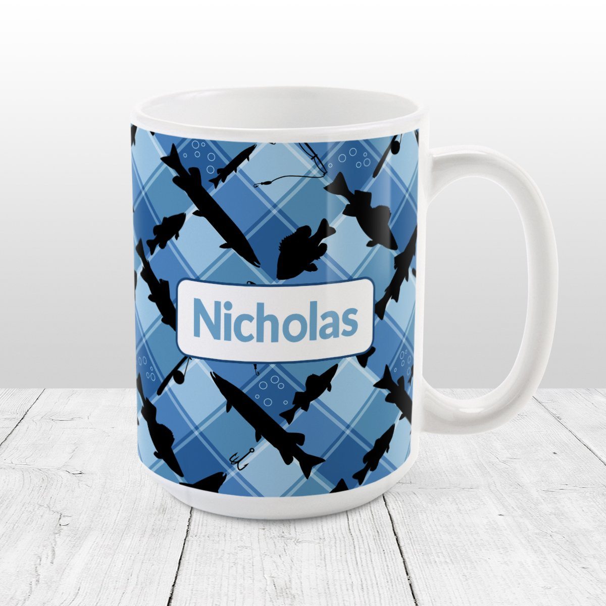 Personalized Blue Fishing Plaid Pattern Mug (15oz) at Amy's Coffee Mugs