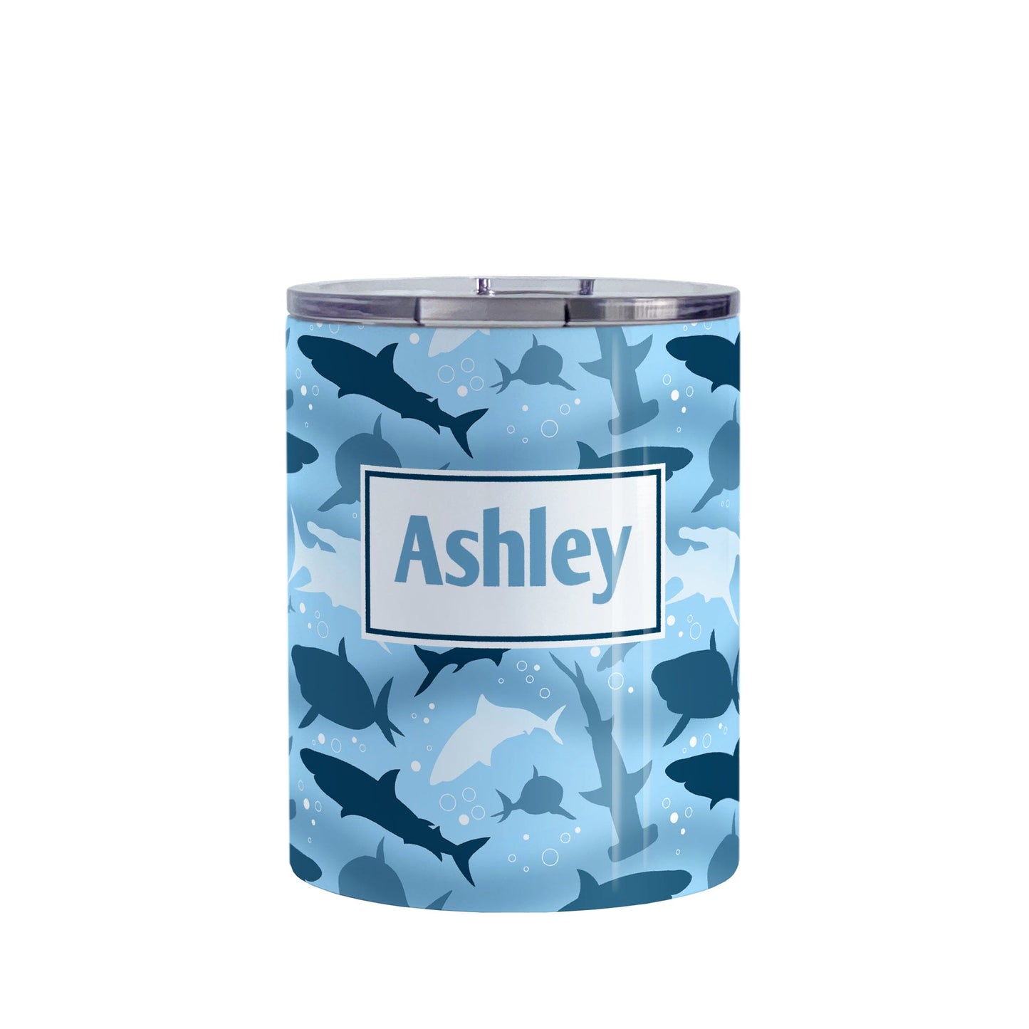 Personalized Blue Frenzy Sharks Tumbler Cup (10oz) at Amy's Coffee Mugs. A stainless steel insulated tumbler cup designed with a pattern of sharks in different shades of blue, in a frenzy deep beneath the water, that wraps around the cup. Your personalized name is custom printed in blue over the shark pattern.