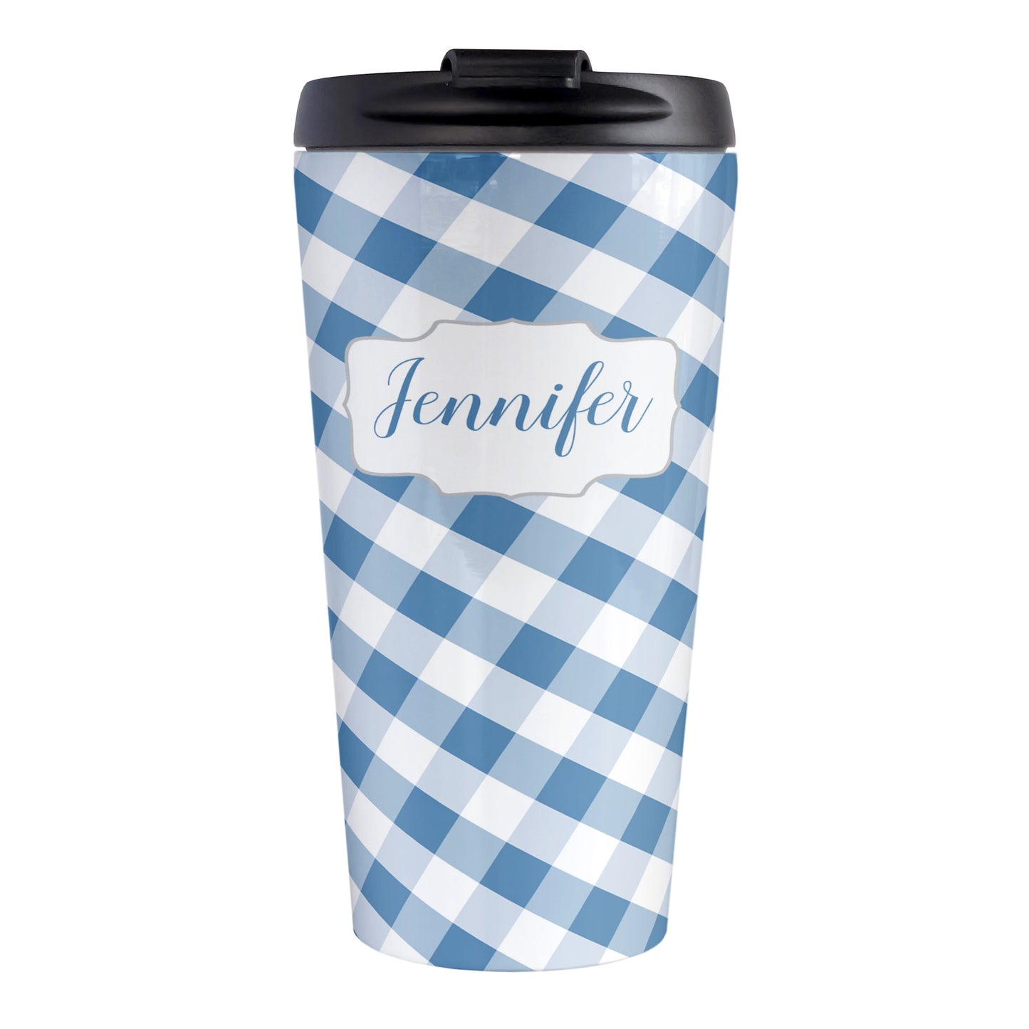 Personalized Blue Gingham Travel Mug (15oz, stainless steel insulated) at Amy's Coffee Mugs. A travel mug designed with a slanted blue and white gingham pattern that wraps around the travel mug. Your personalized name is custom-printed in a blue script font in a white frame design over the gingham pattern.