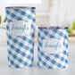 Personalized Blue Gingham Tumbler Cup (20oz and 10oz, stainless steel insulated) at Amy's Coffee Mugs