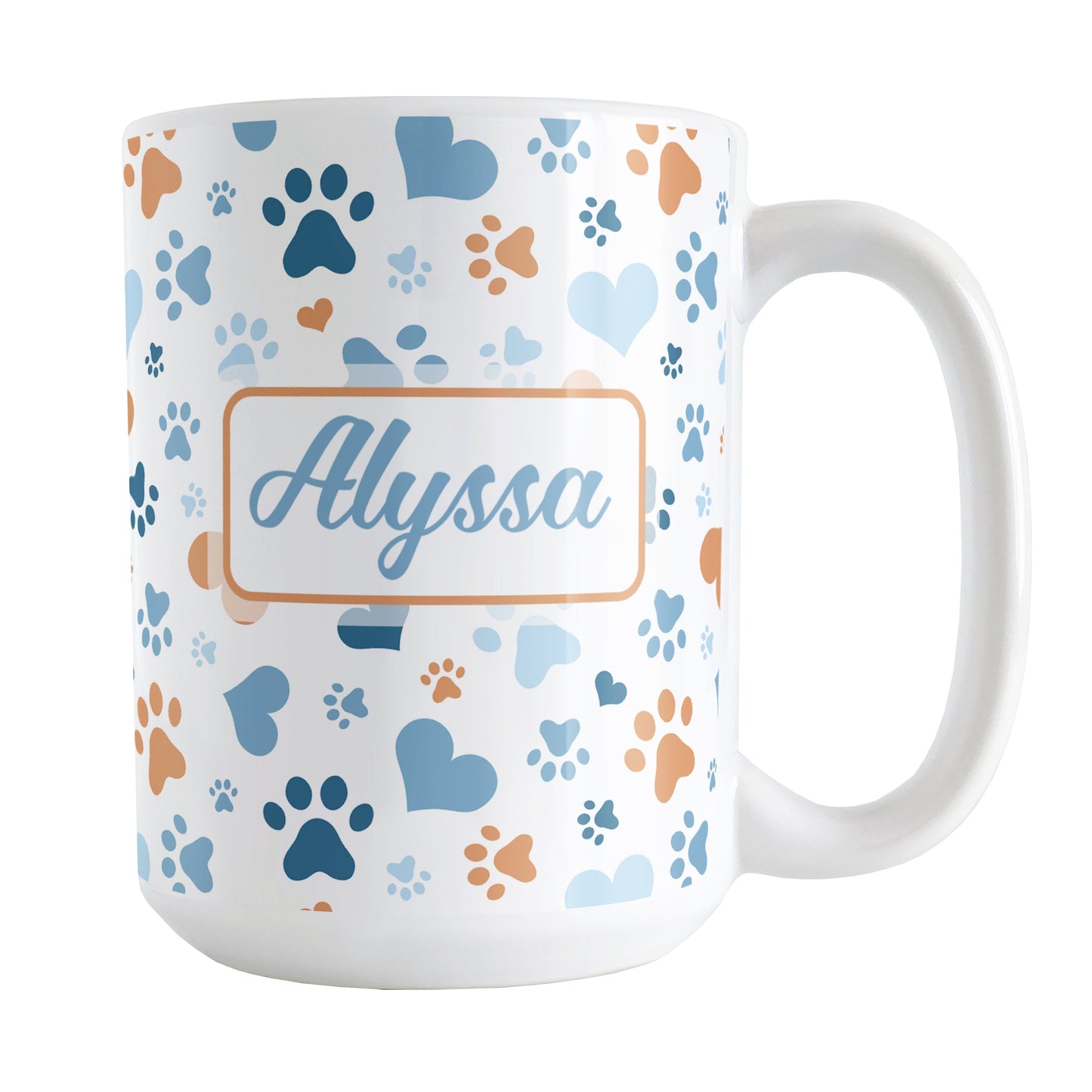 Personalized Blue Hearts and Paw Prints Mug (15oz) at Amy's Coffee Mugs. A ceramic coffee mug designed with a pattern of hearts and paw prints in orange and different shades of blue that wraps around the mug to the handle. Your name is personalized in a blue script font on both sides of the mug.