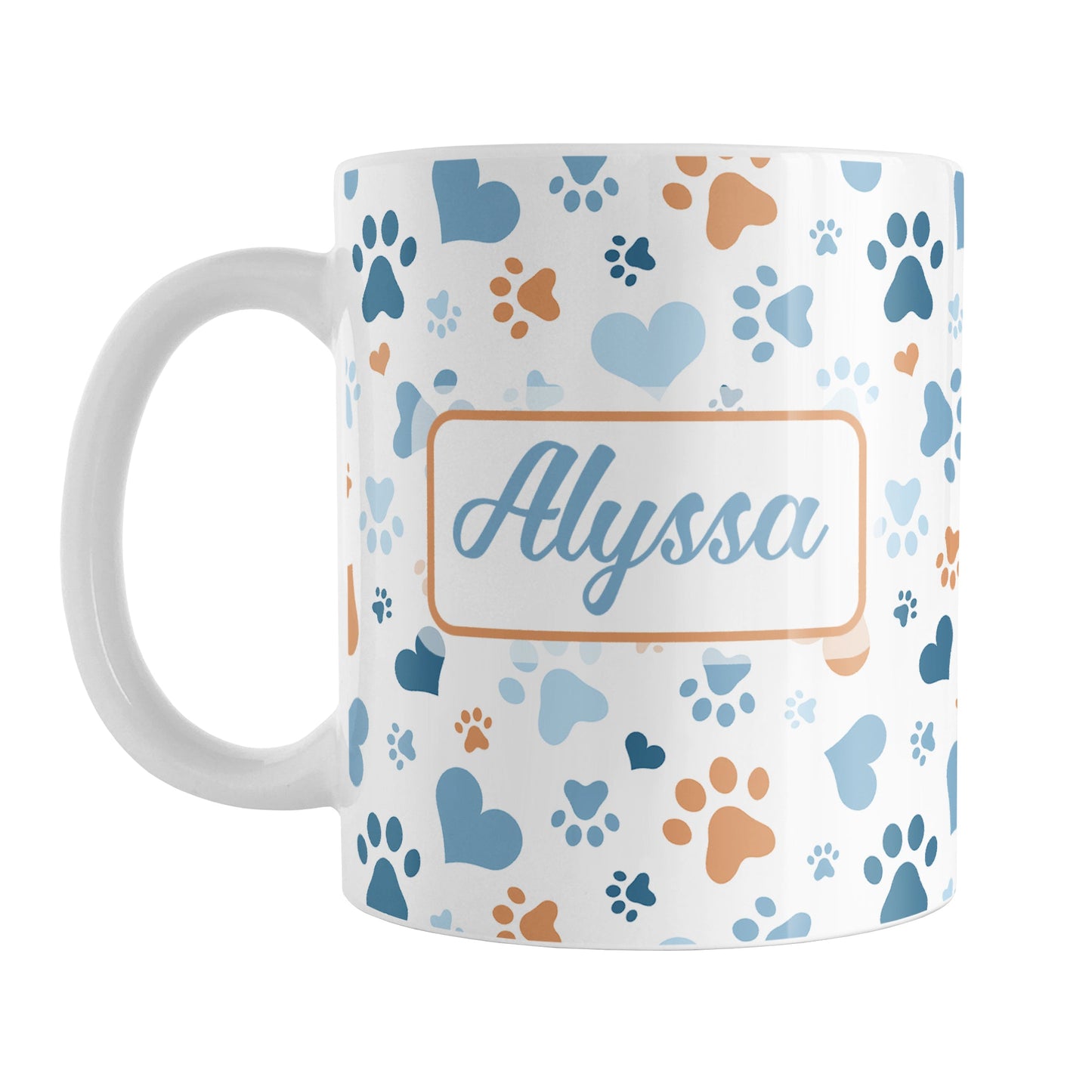 Personalized Blue Hearts and Paw Prints Mug (11oz) at Amy's Coffee Mugs. A ceramic coffee mug designed with a pattern of hearts and paw prints in orange and different shades of blue that wraps around the mug to the handle. Your name is personalized in a blue script font on both sides of the mug.