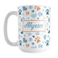 Personalized Blue Hearts and Paw Prints Mug (15oz) at Amy's Coffee Mugs. A ceramic coffee mug designed with a pattern of hearts and paw prints in orange and different shades of blue that wraps around the mug to the handle. Your name is personalized in a blue script font on both sides of the mug.