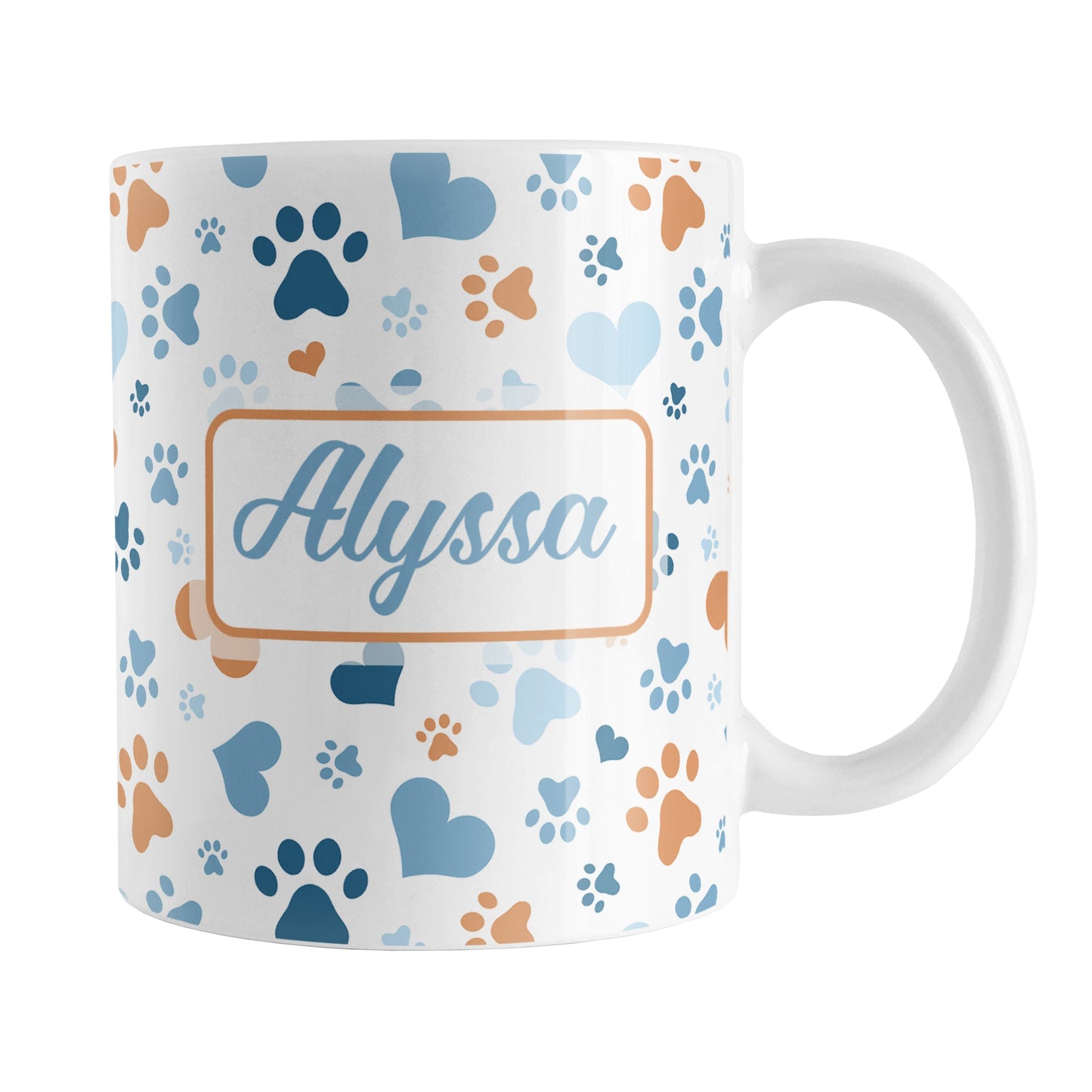 Personalized Blue Hearts and Paw Prints Mug (11oz) at Amy's Coffee Mugs. A ceramic coffee mug designed with a pattern of hearts and paw prints in orange and different shades of blue that wraps around the mug to the handle. Your name is personalized in a blue script font on both sides of the mug.