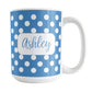 Personalized Blue Polka Dot Mug (15oz) at Amy's Coffee Mugs. A ceramic coffee mug designed with a pattern of white polka dots over a blue background color that wraps around the mug up to the handle. Your name is personalized in a cute blue script font in a white frame design on both sides of the mug over the polka dot pattern.