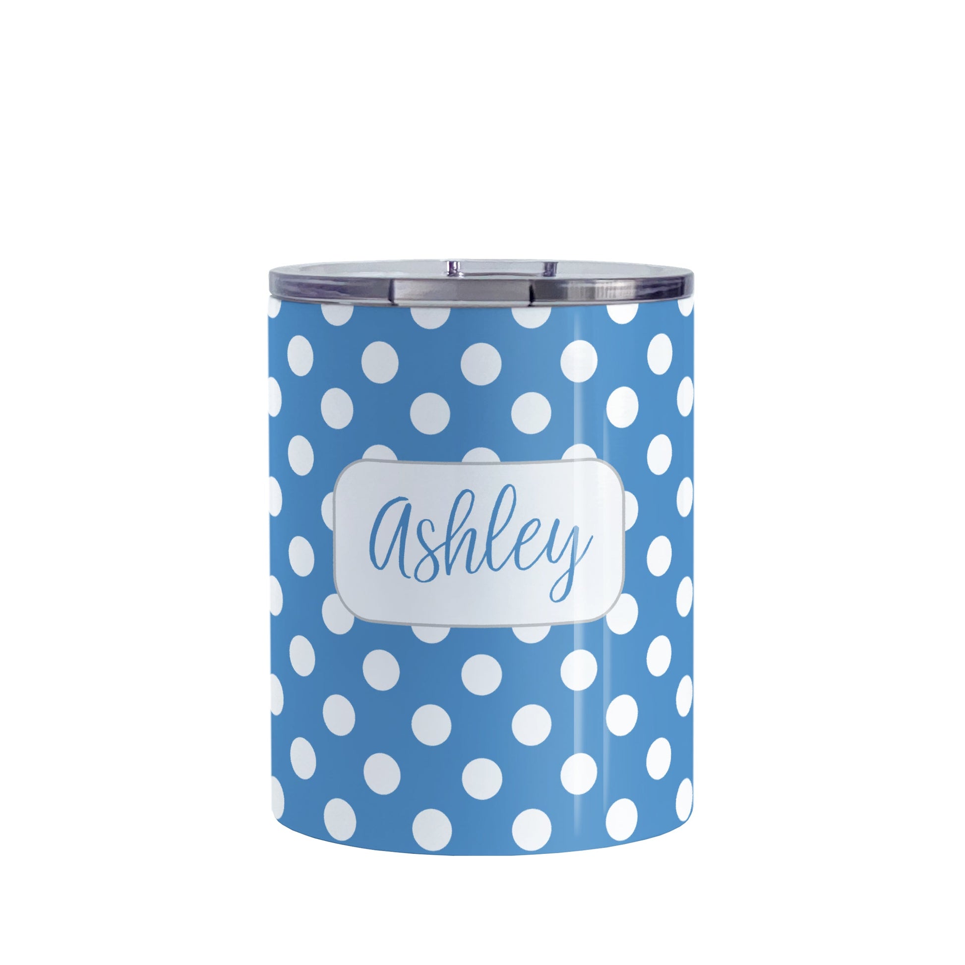 Personalized Blue Polka Dot Tumbler Cup (10oz, stainless steel insulated) at Amy's Coffee Mugs