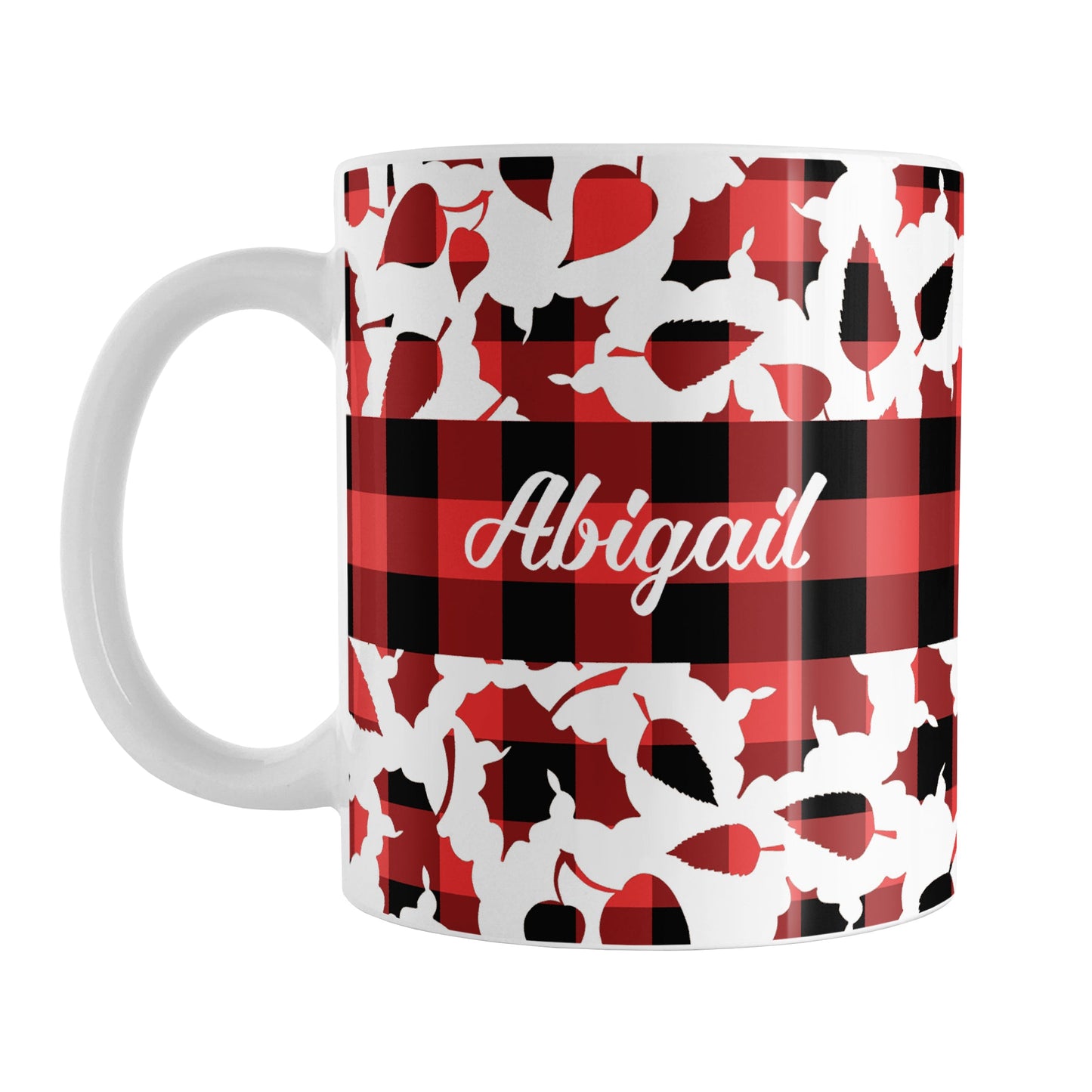 Personalized Buffalo Plaid Leaves Fall Mug (11oz) at Amy's Coffee Mugs. A ceramic coffee mug designed with a pattern of leaves with a red and black buffalo plaid pattern that wraps around the mug to the handle. There is a buffalo plaid stripe across the center over the leaves with your name custom printed in a white script font on both sized of the mug.