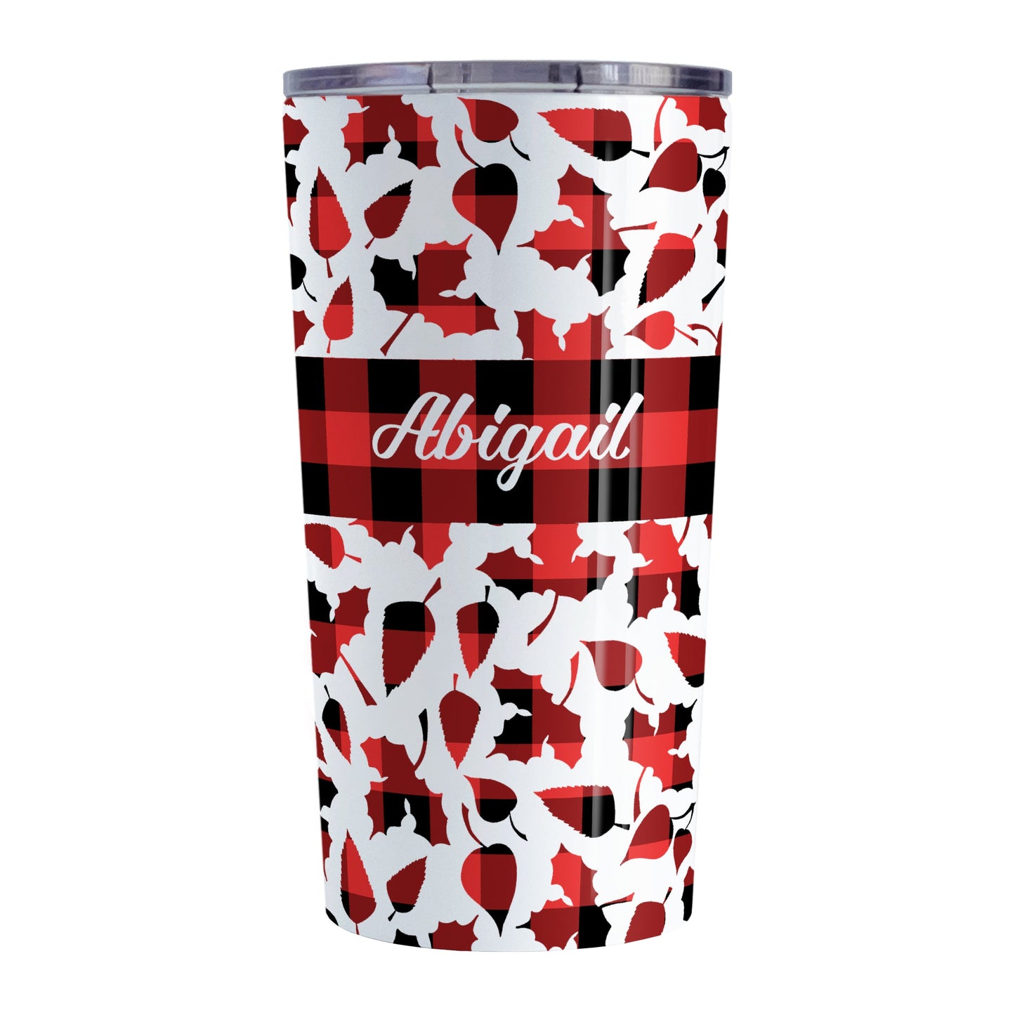 Personalized Buffalo Plaid Leaves Fall Tumbler Cup (20oz) at Amy's Coffee Mugs. A stainless steel insulated tumbler cup designed with a pattern of leaves with a red and black buffalo plaid pattern that wraps around the cup. There is a buffalo plaid stripe over middle area of the leaves with your name custom printed in a white script font.