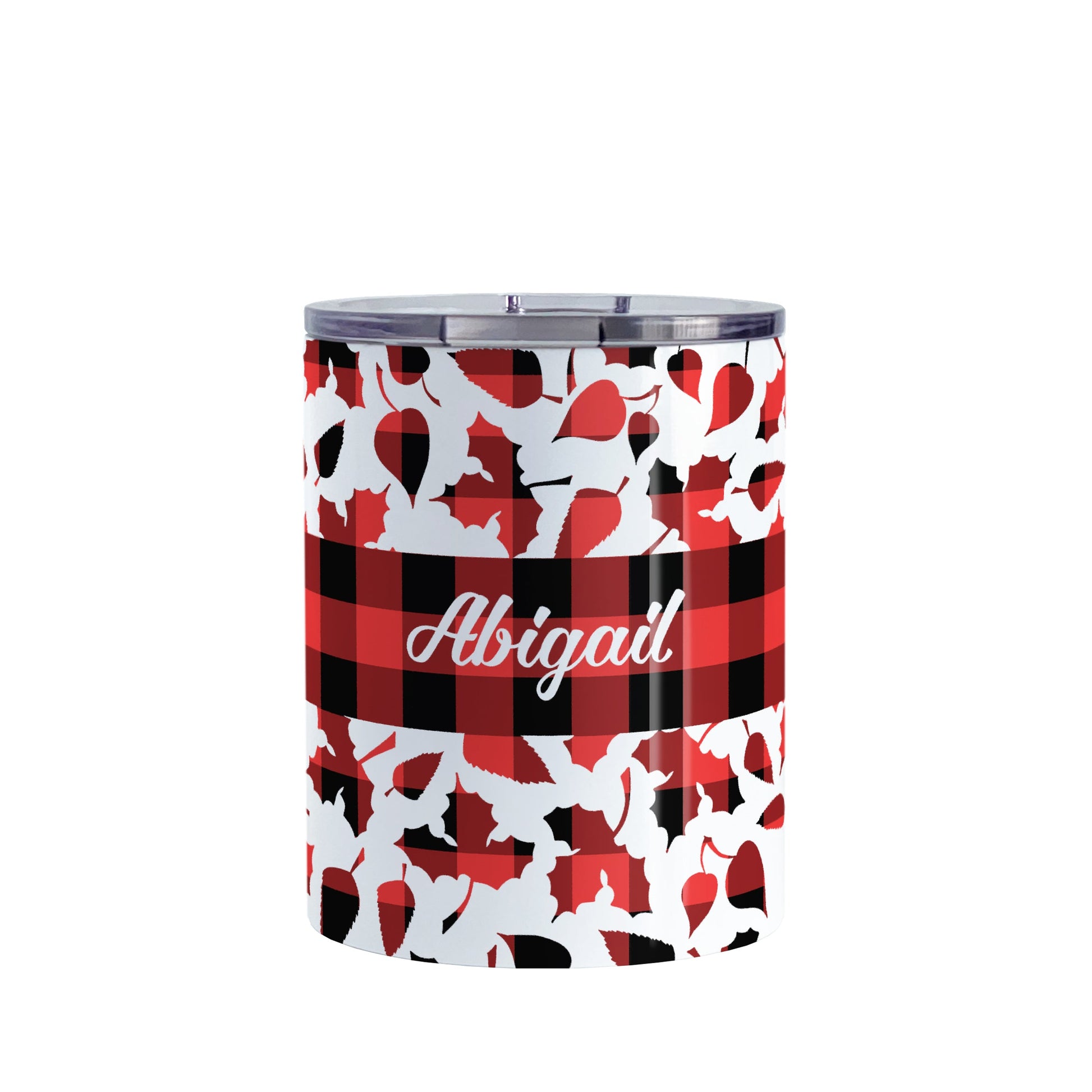 Personalized Buffalo Plaid Leaves Fall Tumbler Cup (10oz) at Amy's Coffee Mugs. A stainless steel insulated tumbler cup designed with a pattern of leaves with a red and black buffalo plaid pattern that wraps around the cup. There is a buffalo plaid stripe over middle area of the leaves with your name custom printed in a white script font.
