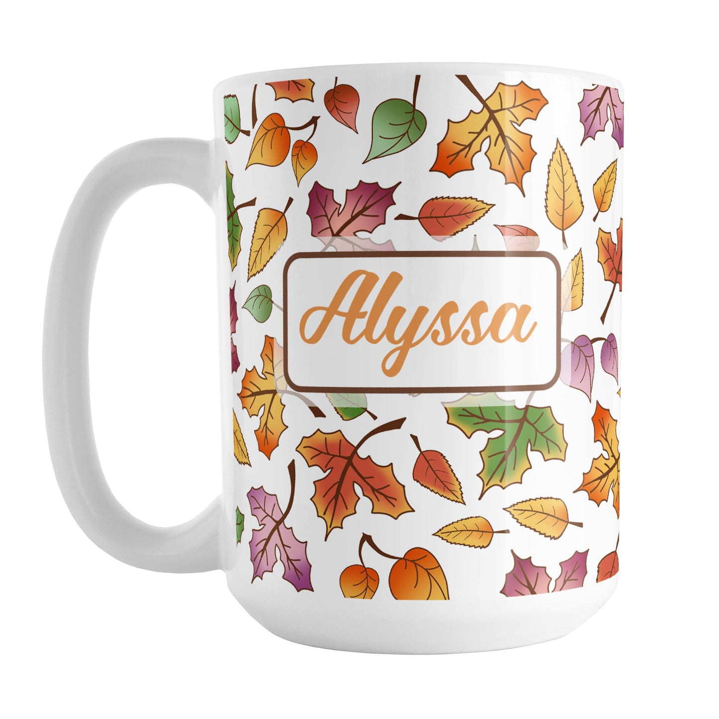 Personalized Changing Leaves Fall Mug (15oz) at Amy's Coffee Mugs. A ceramic coffee mug designed with a fall themed pattern of leaves changing colors, as they do at the beginning of autumn, that wraps around the mug. Your personalized name is custom printed in an orange script font on both sides of the mug over the leaves pattern.
