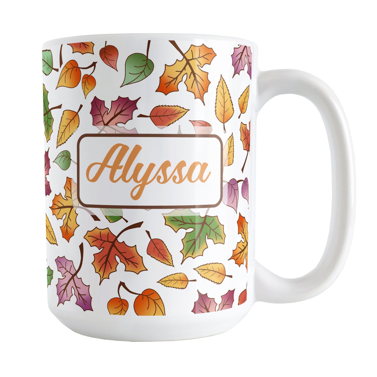Personalized Changing Leaves Fall Mug (15oz) at Amy's Coffee Mugs. A ceramic coffee mug designed with a fall themed pattern of leaves changing colors, as they do at the beginning of autumn, that wraps around the mug. Your personalized name is custom printed in an orange script font on both sides of the mug over the leaves pattern.