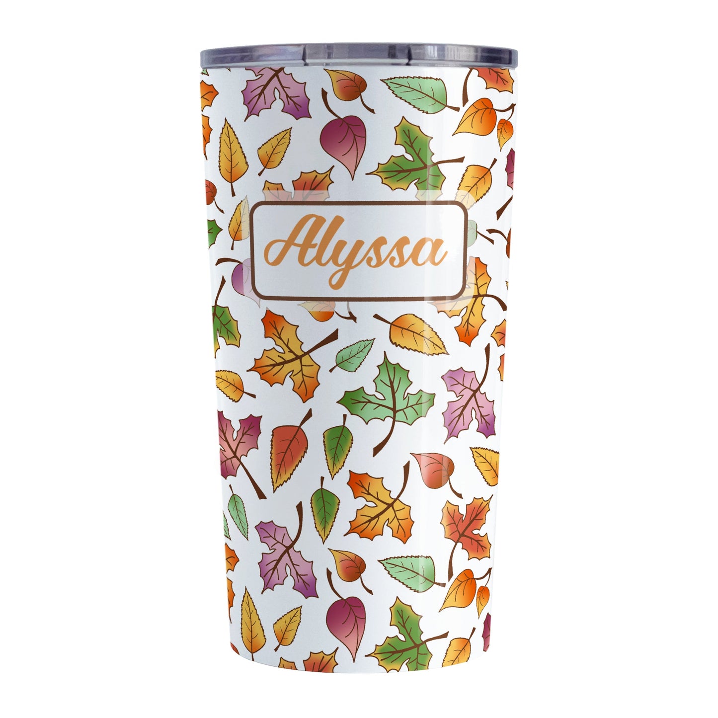 Personalized Changing Leaves Fall Tumbler Cup (20oz) at Amy's Coffee Mugs. A stainless steel insulated tumbler cup designed with a fall themed pattern of leaves changing colors, as they do at the beginning of autumn, that wraps around the cup. Your personalized name is custom printed in an orange script font in a white rectangle over the leaves pattern. 