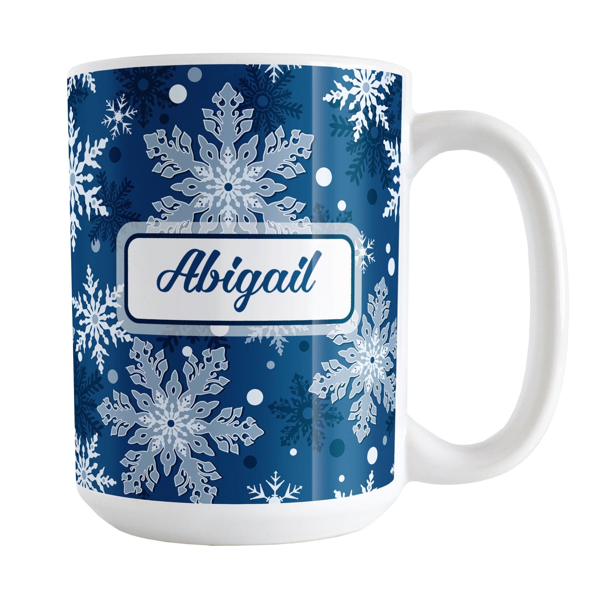 Personalized Classic Blue Snowflake Winter Mug (15oz) at Amy's Coffee Mugs. A ceramic coffee mug designed with a pattern of different shades of blue snowflakes over a classic blue background color that wraps around the mug to the handle. Your name is custom printed in a blue script font on both sides of the mug. 