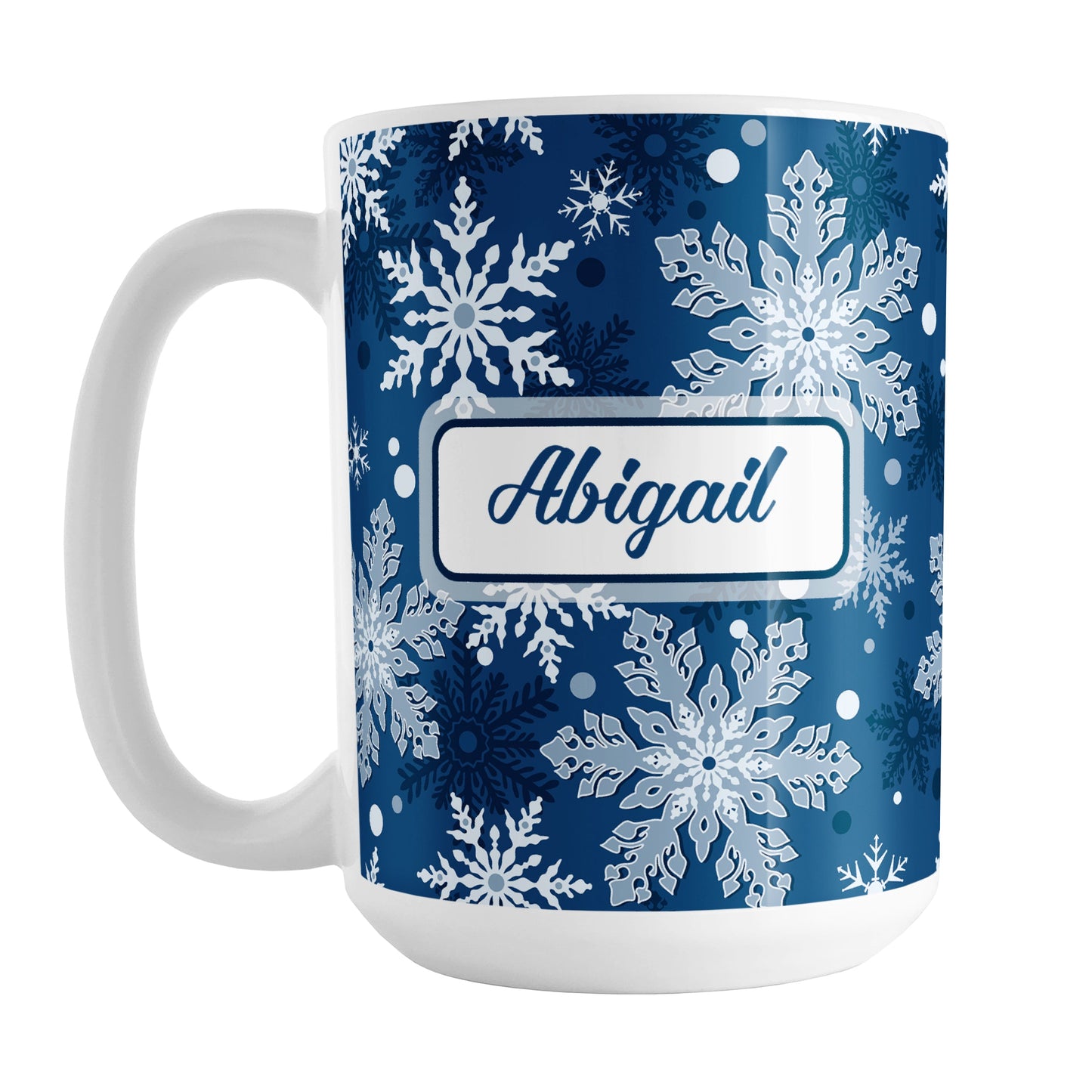 Personalized Classic Blue Snowflake Winter Mug (15oz) at Amy's Coffee Mugs. A ceramic coffee mug designed with a pattern of different shades of blue snowflakes over a classic blue background color that wraps around the mug to the handle. Your name is custom printed in a blue script font on both sides of the mug. 