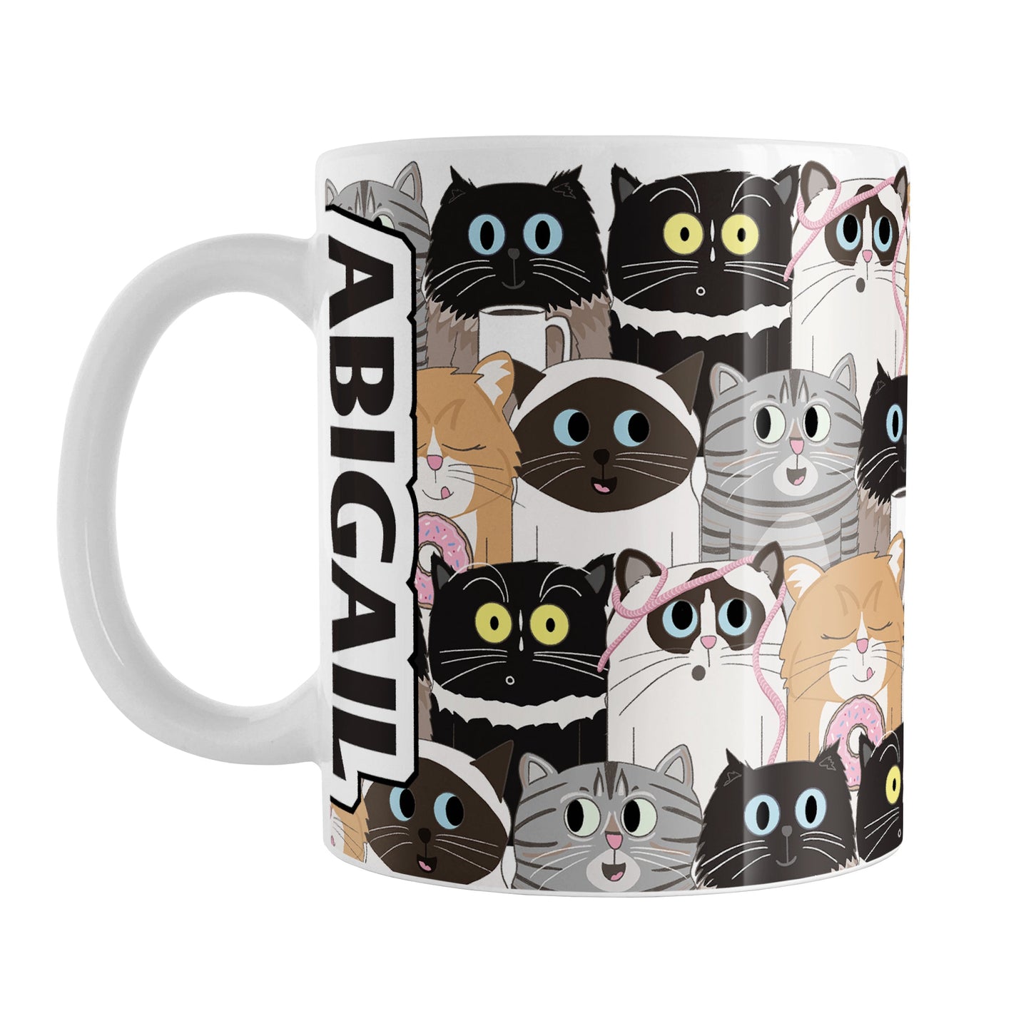 Personalized Cute Cat Stack Pattern Mug (11oz) at Amy's Coffee Mugs. A ceramic coffee mug designed with an illustrated pattern of different breeds of cats with different fun expressions, with yarn, coffee, and donuts. This stacked pattern of cats wraps around the ceramic mug to the handle where your name is custom printed in black on white vertically at the edge of the design.