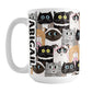 Personalized Cute Cat Stack Pattern Mug (15oz) at Amy's Coffee Mugs. A ceramic coffee mug designed with an illustrated pattern of different breeds of cats with different fun expressions, with yarn, coffee, and donuts. This stacked pattern of cats wraps around the ceramic mug to the handle where your name is custom printed in black on white vertically at the edge of the design.