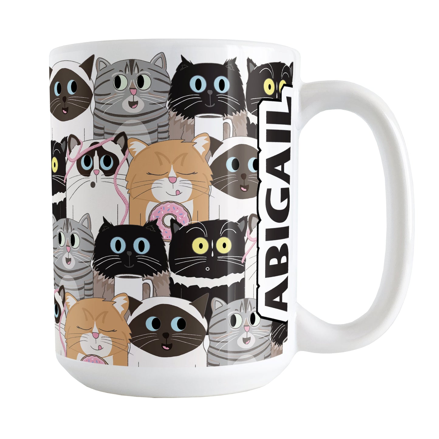 Personalized Cute Cat Stack Pattern Mug (15oz) at Amy's Coffee Mugs. A ceramic coffee mug designed with an illustrated pattern of different breeds of cats with different fun expressions, with yarn, coffee, and donuts. This stacked pattern of cats wraps around the ceramic mug to the handle where your name is custom printed in black on white vertically at the edge of the design.