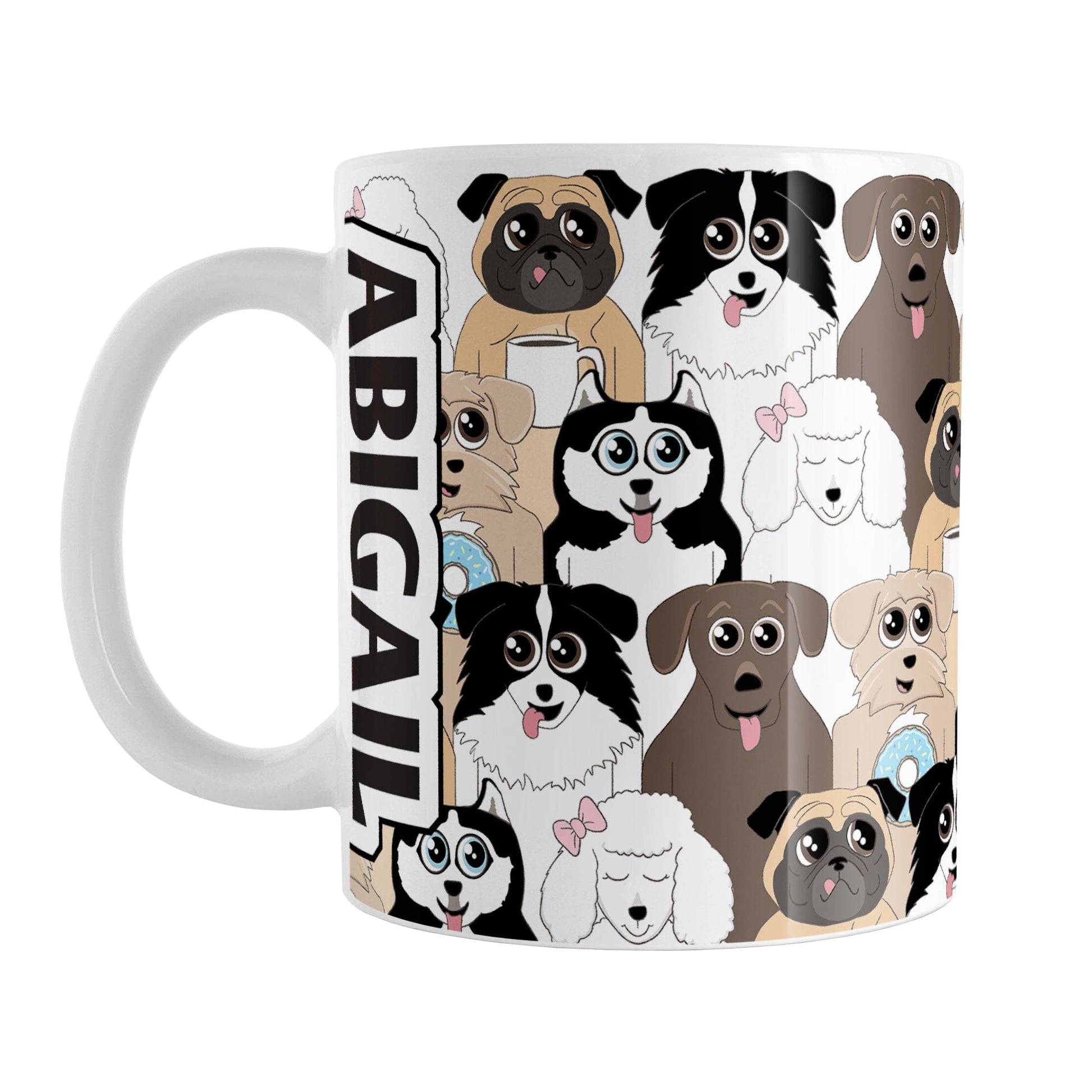 Personalized Cute Dog Stack Pattern Mug (11oz) at Amy's Coffee Mugs. A ceramic coffee mug designed with an illustrated pattern of different breeds of dogs with different fun expressions, some with coffee or donuts. This stacked pattern of dogs wraps around the ceramic mug to the handle where your name is custom printed in black on white vertically at the edge of the design.