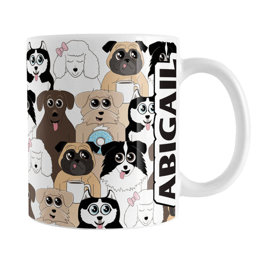 Personalized Cute Dog Stack Pattern Mug (11oz) at Amy's Coffee Mugs. A ceramic coffee mug designed with an illustrated pattern of different breeds of dogs with different fun expressions, some with coffee or donuts. This stacked pattern of dogs wraps around the ceramic mug to the handle where your name is custom printed in black on white vertically at the edge of the design.