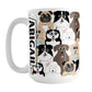 Personalized Cute Dog Stack Pattern Mug (15oz) at Amy's Coffee Mugs. A ceramic coffee mug designed with an illustrated pattern of different breeds of dogs with different fun expressions, some with coffee or donuts. This stacked pattern of dogs wraps around the ceramic mug to the handle where your name is custom printed in black on white vertically at the edge of the design.