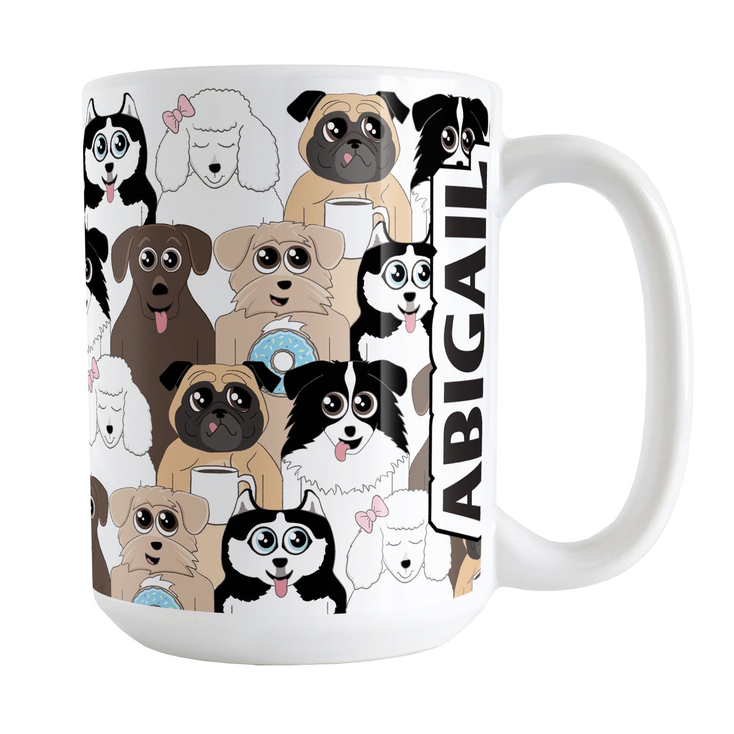 Personalized Cute Dog Stack Pattern Mug (15oz) at Amy's Coffee Mugs. A ceramic coffee mug designed with an illustrated pattern of different breeds of dogs with different fun expressions, some with coffee or donuts. This stacked pattern of dogs wraps around the ceramic mug to the handle where your name is custom printed in black on white vertically at the edge of the design.