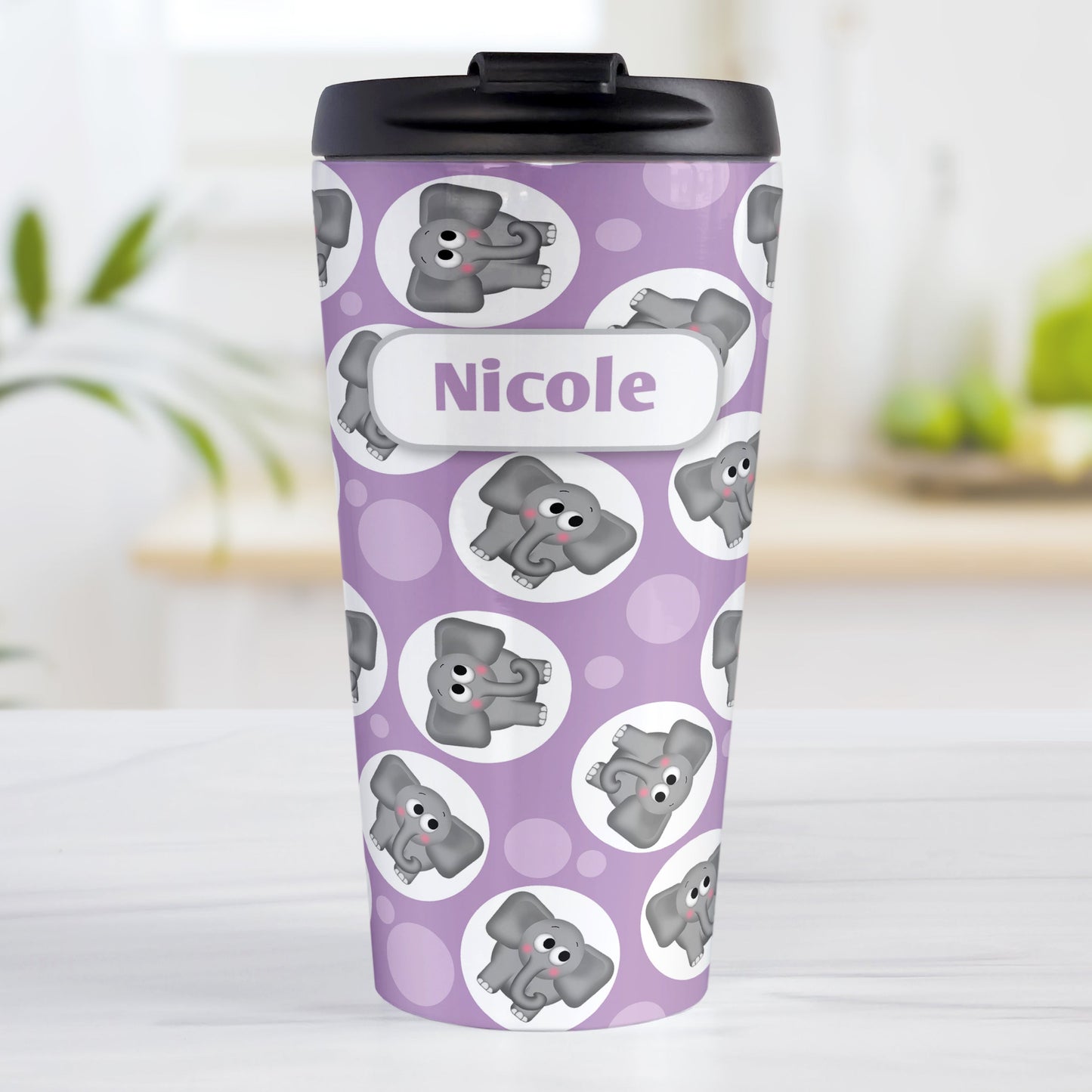 Personalized Cute Purple Elephant Pattern Travel Mug (15oz, stainless steel insulated) at Amy's Coffee Mugs