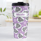 Personalized Cute Purple Elephant Pattern Travel Mug (15oz, stainless steel insulated) at Amy's Coffee Mugs. A travel mug designed with cute and affectionate gray elephants in white circles scattered over a purple background color in a pattern that wraps around the travel mug. Your name is custom printed in purple on white positioned over the elephant pattern.