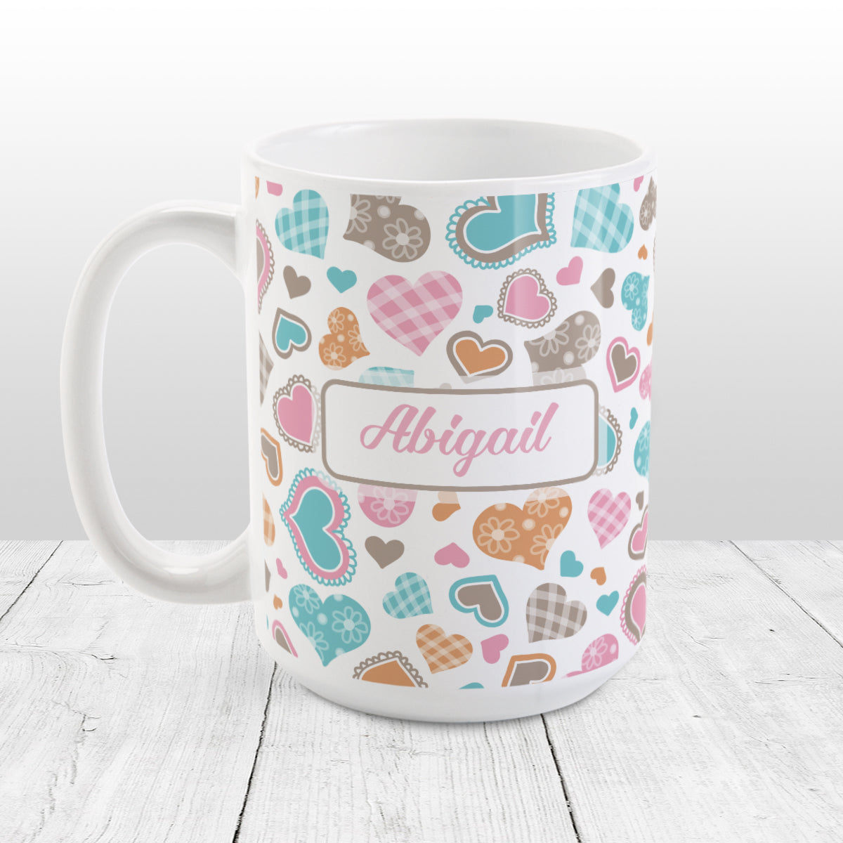 Personalized Cutesy Hearts Pattern Mug (15oz) at Amy's Coffee Mugs