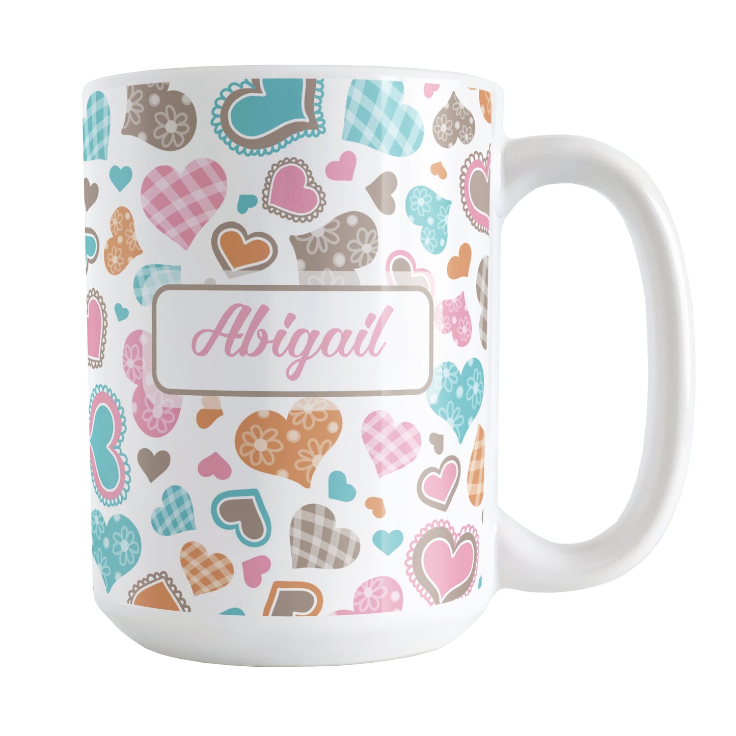 Personalized Cutesy Hearts Pattern Mug (15oz) at Amy's Coffee Mugs. designed with a print of adorable little hand-drawn hearts in pink, turquoise, orange, and brown with little details like lace outlines, flower patterns, and gingham patterns on some of the hearts. This pattern of cute hearts wraps around the mug up to the handle. Your name is printed in pink on both sides of the mug over the hearts pattern.