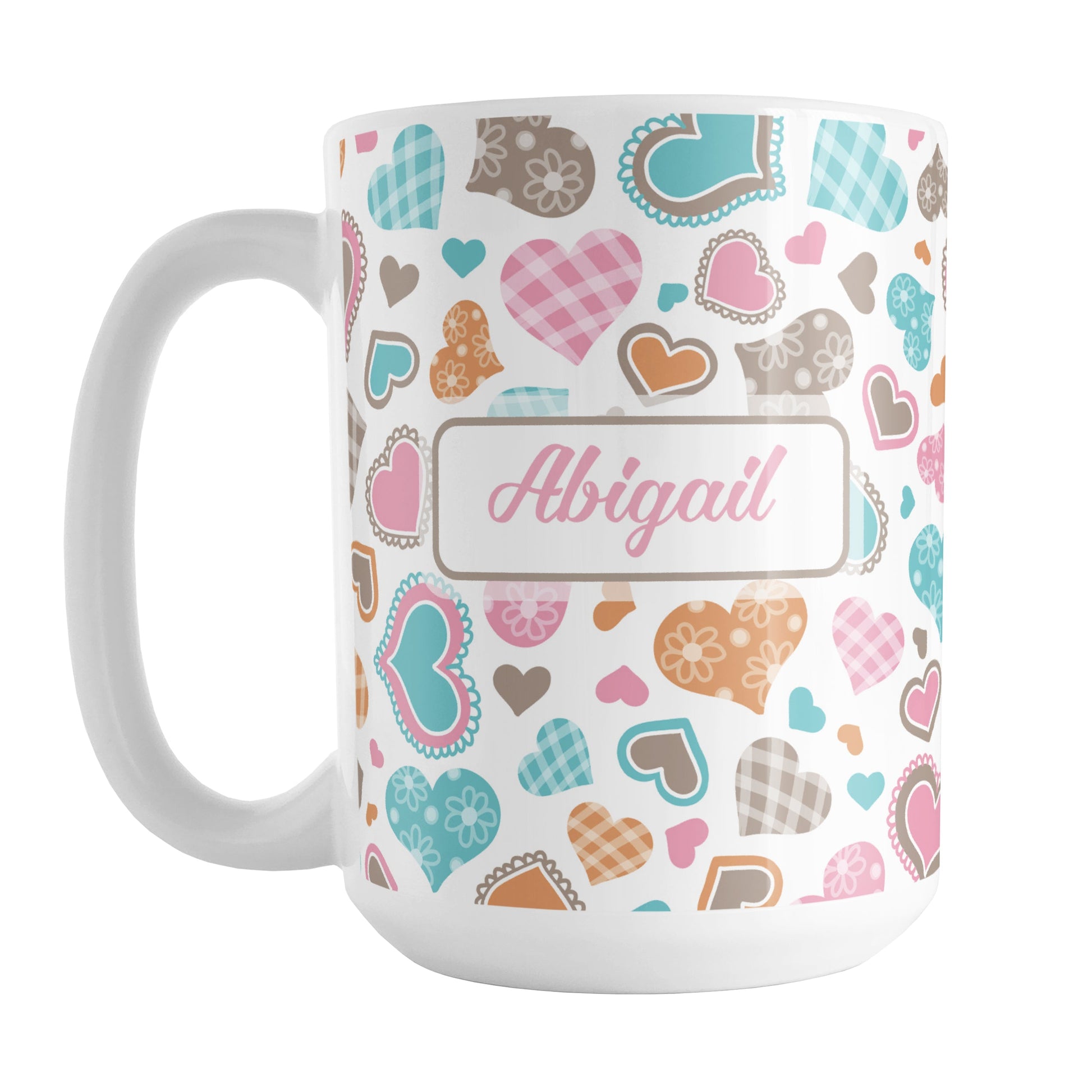 Personalized Cutesy Hearts Pattern Mug (15oz) at Amy's Coffee Mugs. designed with a print of adorable little hand-drawn hearts in pink, turquoise, orange, and brown with little details like lace outlines, flower patterns, and gingham patterns on some of the hearts. This pattern of cute hearts wraps around the mug up to the handle. Your name is printed in pink on both sides of the mug over the hearts pattern.