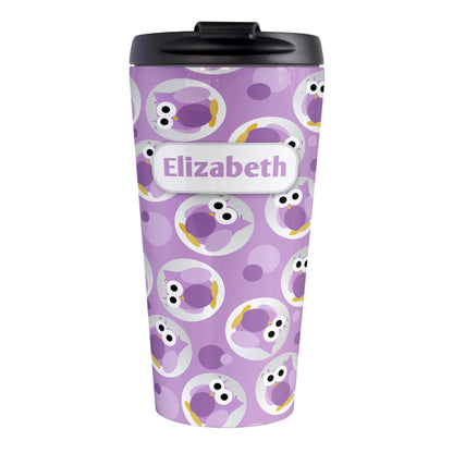 Personalized Funny Cute Purple Owl Pattern Travel Mug (15oz, stainless steel insulated) at Amy's Coffee Mugs