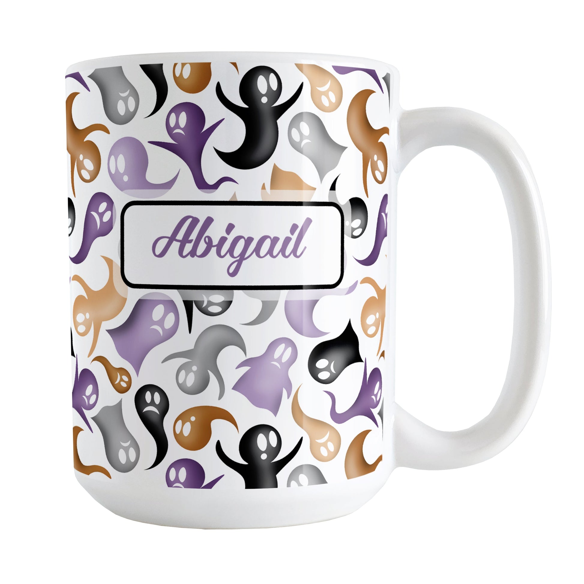 Personalized Ghosts and Spirits Halloween Mug (15oz) at Amy's Coffee Mugs. A ceramic coffee mug designed with a whimsical pattern of purple, orange, black and gray ghosts and spirits that wraps around the mug to the handle. Your personalized name is custom printed in a purple script font on both sides of the mug over the Halloween pattern.