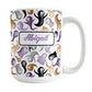 Personalized Ghosts and Spirits Halloween Mug (15oz) at Amy's Coffee Mugs. A ceramic coffee mug designed with a whimsical pattern of purple, orange, black and gray ghosts and spirits that wraps around the mug to the handle. Your personalized name is custom printed in a purple script font on both sides of the mug over the Halloween pattern.