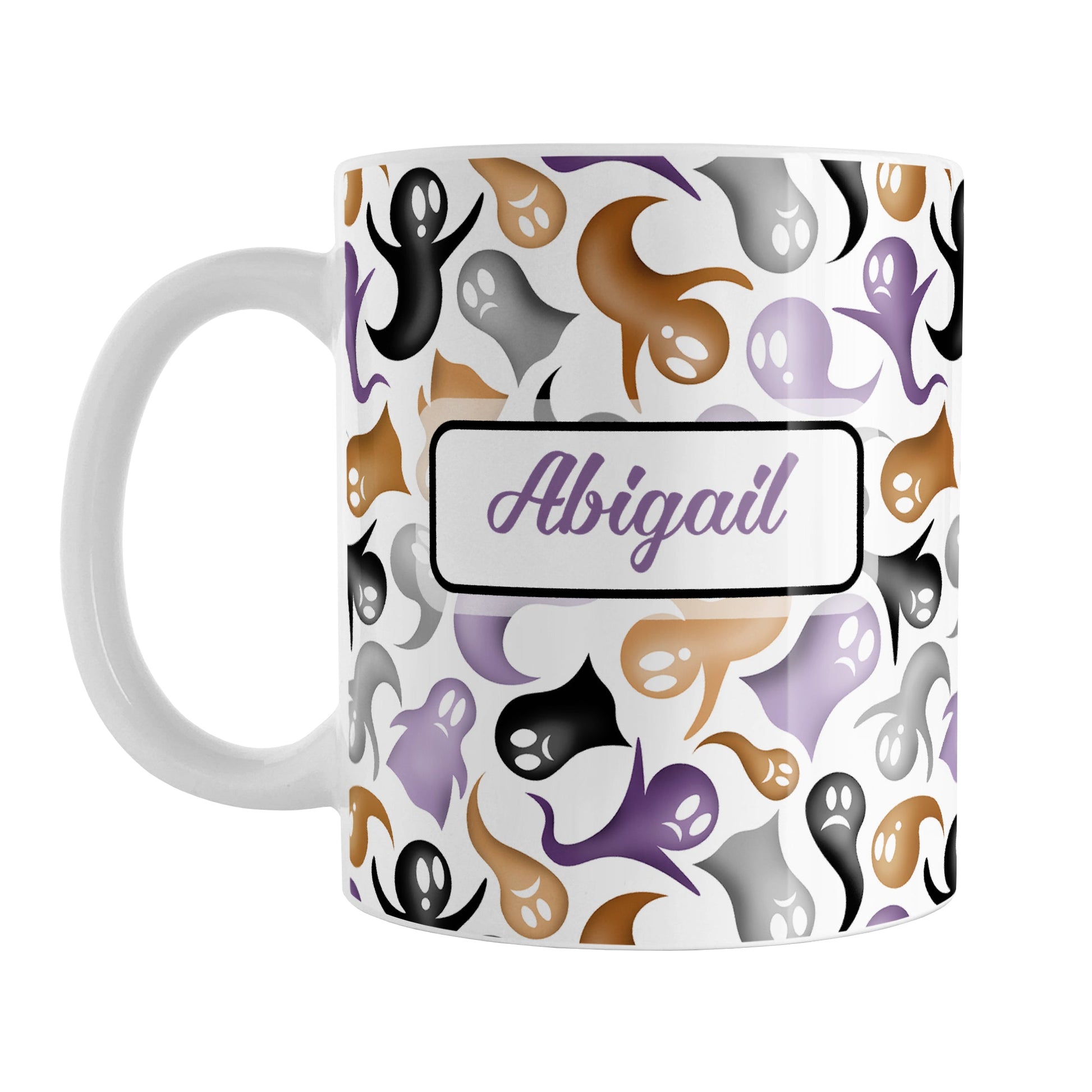 Personalized Ghosts and Spirits Halloween Mug (11oz) at Amy's Coffee Mugs. A ceramic coffee mug designed with a whimsical pattern of purple, orange, black and gray ghosts and spirits that wraps around the mug to the handle. Your personalized name is custom printed in a purple script font on both sides of the mug over the Halloween pattern.