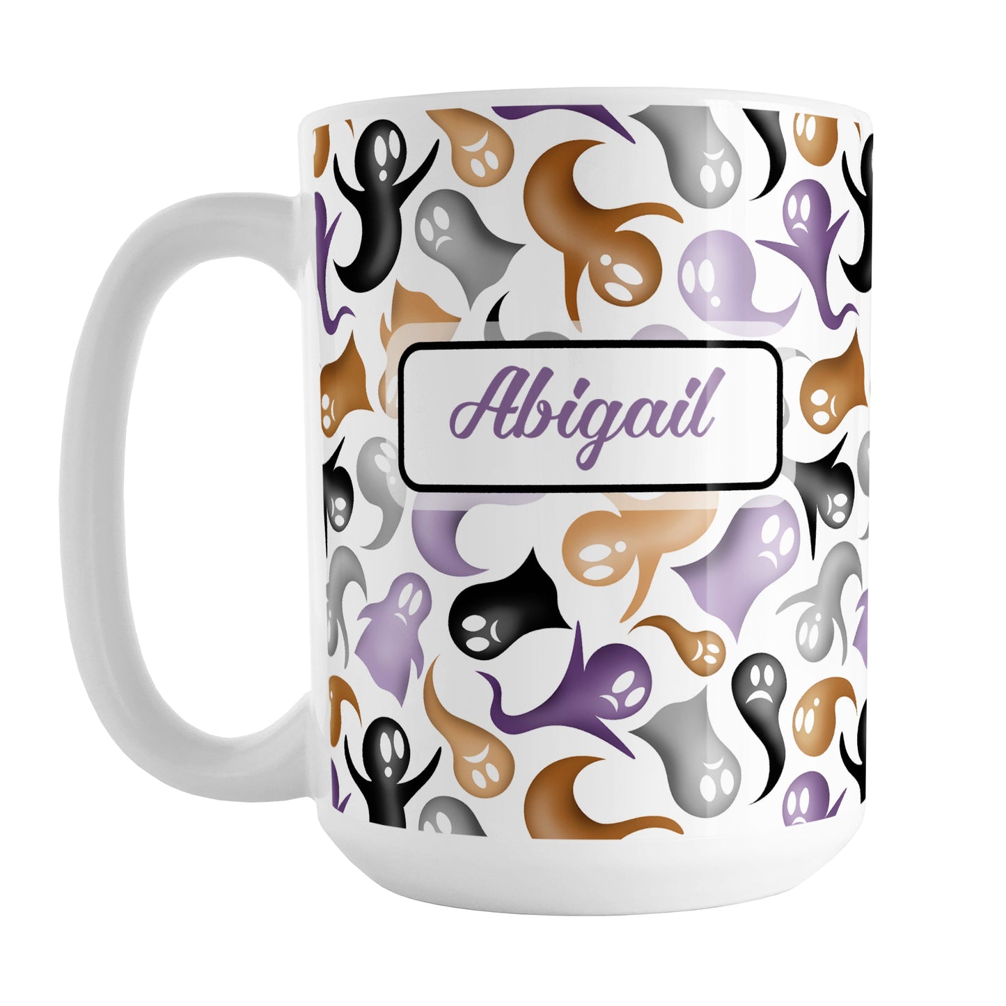 Personalized Ghosts and Spirits Halloween Mug (15oz) at Amy's Coffee Mugs. A ceramic coffee mug designed with a whimsical pattern of purple, orange, black and gray ghosts and spirits that wraps around the mug to the handle. Your personalized name is custom printed in a purple script font on both sides of the mug over the Halloween pattern.