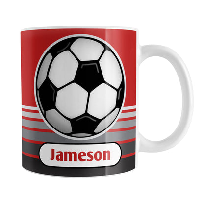 Personalized Gray Gradient Lined Red Soccer Ball Mug (11oz) at Amy's Coffee Mugs