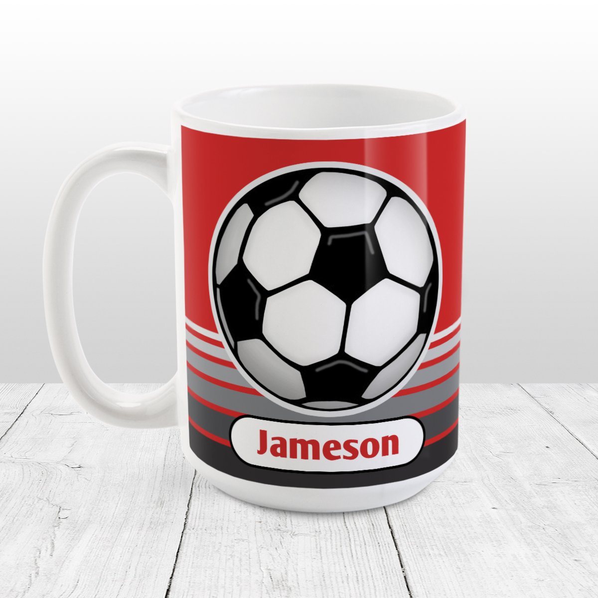Personalized Gray Gradient Lined Red Soccer Ball Mug at Amy's Coffee Mugs